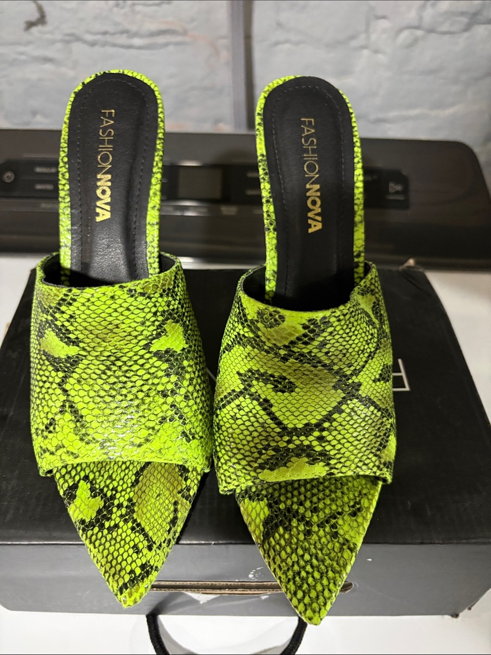 Fashion Nova Neon Green Snake-Print Pointed Mules
